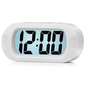 plumeet digital alarm clock travel clock with snooze and nightlight - easy to set simple bedside alarm clocks for kids - ascending sound - battery powered (white)