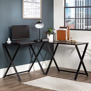 walker edison wright modern x leg glass top corner gaming desk, 51 inch, black