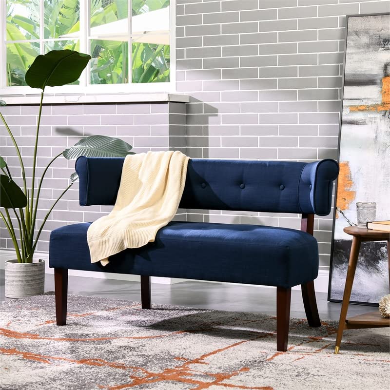 Jennifer Taylor Home Jared Roll Arm Tufted Bench Settee, Midnight Blue Polyester