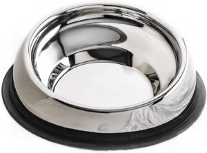 enhanced pet bowl, stainless steel slanted dog bowl with raised ridge for flat-faced dog breeds or cats, food-grade non-slip no spill bowl for dogs, less mess, less gas, and better digestion, medium