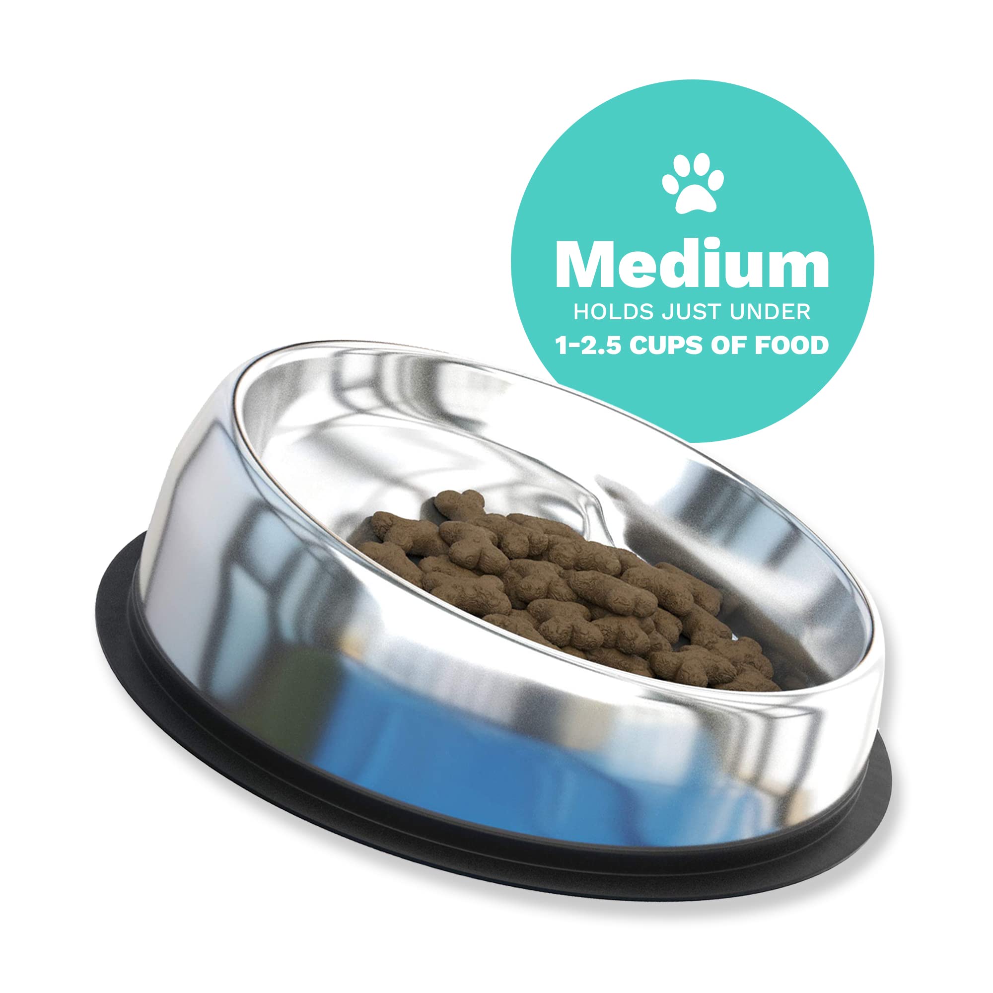 Enhanced Pet Bowl, Stainless Steel Slanted Dog Bowl with Raised Ridge for Flat-Faced Dog Breeds or Cats, Food-Grade Non-Slip No Spill Bowl for Dogs, Less Mess, Less Gas, and Better Digestion, Medium