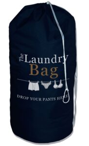 the fine living co. large printed laundry bag with adjustable shoulder straps & drawstring,115l capacity heavy duty laundry bag backpack with side zipper, space saving dirty clothes tall laundry bags, foldable laundry hamper bag 34"x14"x14" (navy blue)