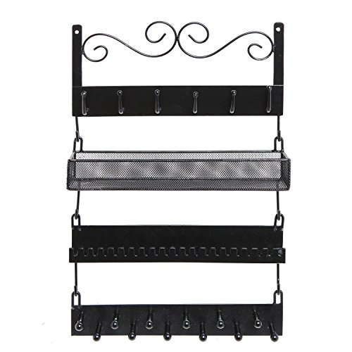 MyGift 4-Tier Wall Mounted Black Metal Hanging Jewelry Organizer with 18 Hooks, Earring Holder and Necklace, Bracelet Display Rack