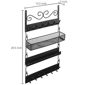 MyGift 4-Tier Wall Mounted Black Metal Hanging Jewelry Organizer with 18 Hooks, Earring Holder and Necklace, Bracelet Display Rack