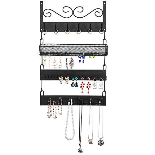 MyGift 4-Tier Wall Mounted Black Metal Hanging Jewelry Organizer with 18 Hooks, Earring Holder and Necklace, Bracelet Display Rack