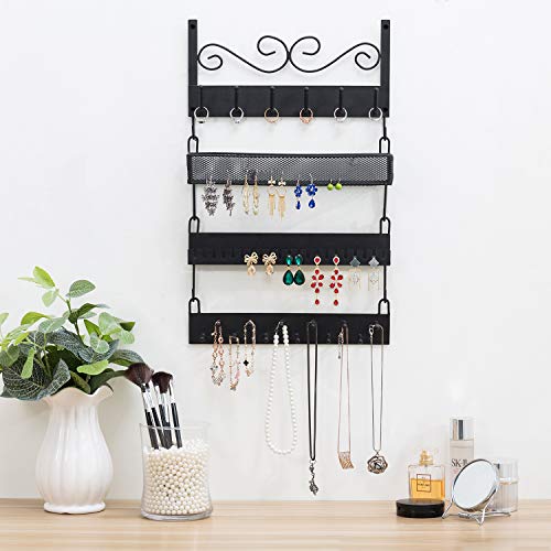 MyGift 4-Tier Wall Mounted Black Metal Hanging Jewelry Organizer with 18 Hooks, Earring Holder and Necklace, Bracelet Display Rack