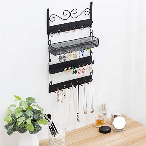 MyGift 4-Tier Wall Mounted Black Metal Hanging Jewelry Organizer with 18 Hooks, Earring Holder and Necklace, Bracelet Display Rack