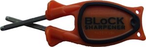 new patent block knife sharpener (orange with black new non-slip grip)) sharpens and hones blades.