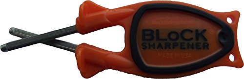 New patent Block Knife Sharpener (Orange with Black New non-slip Grip)) Sharpens and hones blades.