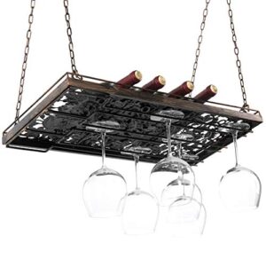 MyGift Ceiling Mount Hanging Wine Glass Holder Rack, Bronze Metal Stemware and Wine Bottle Shelf with Decorative Vineyard Cutout Design