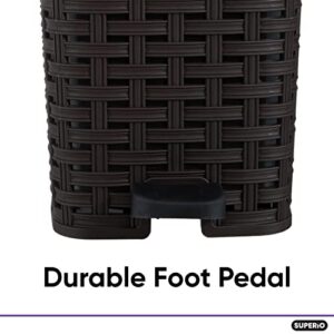 Superio Wicker Step On Trash Can with Foot Pedal – Outdoor and Indoor Brown 6 qt Trash Can with Lid, Waste Basket for Bathroom, Kitchen, Office, Patio, or Backyard