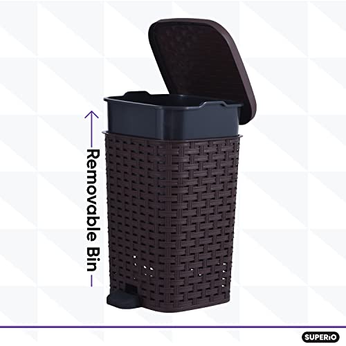 Superio Wicker Step On Trash Can with Foot Pedal – Outdoor and Indoor Brown 6 qt Trash Can with Lid, Waste Basket for Bathroom, Kitchen, Office, Patio, or Backyard