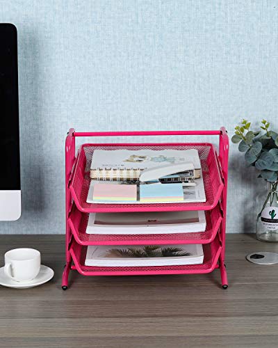 EasyPAG Desk Organizer Tray with 3 Sliding Trays for Letters Documents Mail Files Paper, Pink