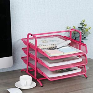 EasyPAG Desk Organizer Tray with 3 Sliding Trays for Letters Documents Mail Files Paper, Pink