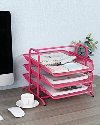 EasyPAG Desk Organizer Tray with 3 Sliding Trays for Letters Documents Mail Files Paper, Pink