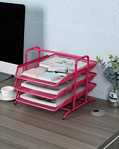 EasyPAG Desk Organizer Tray with 3 Sliding Trays for Letters Documents Mail Files Paper, Pink