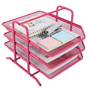 EasyPAG Desk Organizer Tray with 3 Sliding Trays for Letters Documents Mail Files Paper, Pink