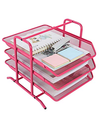 EasyPAG Desk Organizer Tray with 3 Sliding Trays for Letters Documents Mail Files Paper, Pink