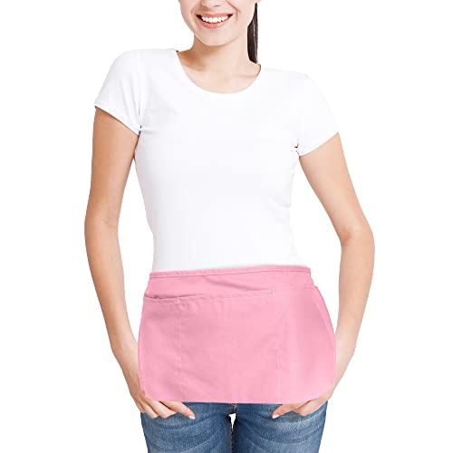 DALIX Waist Aprons Commercial Restaurant Home Bib Spun Poly Cotton Kitchen (3 Pockets) (1, Pink)