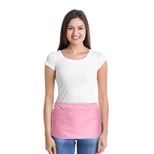 DALIX Waist Aprons Commercial Restaurant Home Bib Spun Poly Cotton Kitchen (3 Pockets) (1, Pink)