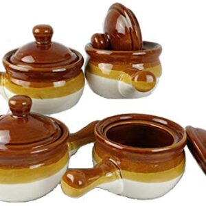 Individual French Onion Soup Crock Chili Bowls with Handles and Lids, Ceramic 16 Ounces 4 Pack