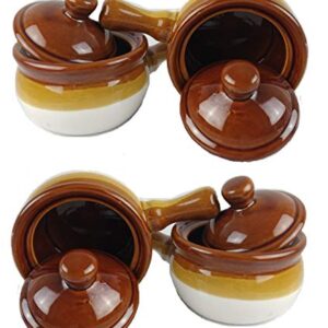 Individual French Onion Soup Crock Chili Bowls with Handles and Lids, Ceramic 16 Ounces 4 Pack