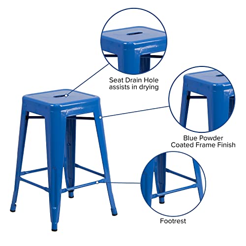 Flash Furniture Kai Commercial Grade 24" High Backless Blue Metal Indoor-Outdoor Counter Height Stool with Square Seat