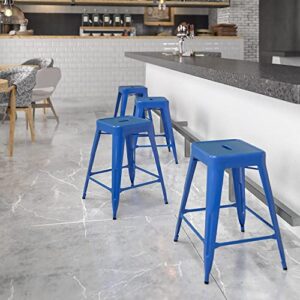 Flash Furniture Kai Commercial Grade 24" High Backless Blue Metal Indoor-Outdoor Counter Height Stool with Square Seat