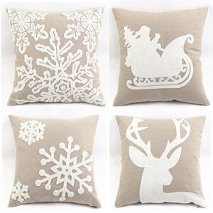 womhope pack of 4 christmas pillow covers embroidery sleigh snowflakes winter decorative square cushion covers shells 18 x 18 inches for bed,sofa,couch (b (set of 4) griege)