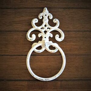 Shabby Chic Towel Ring, Antique White or Pick Color Towel Hanger, Heavy Cast Iron Bathroom Towel Hook, Fleur de Lis Design