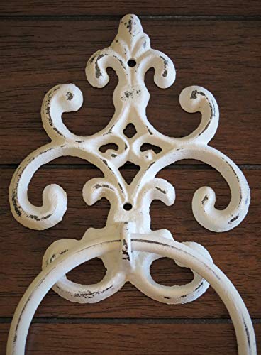 Shabby Chic Towel Ring, Antique White or Pick Color Towel Hanger, Heavy Cast Iron Bathroom Towel Hook, Fleur de Lis Design