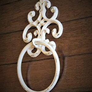 Shabby Chic Towel Ring, Antique White or Pick Color Towel Hanger, Heavy Cast Iron Bathroom Towel Hook, Fleur de Lis Design