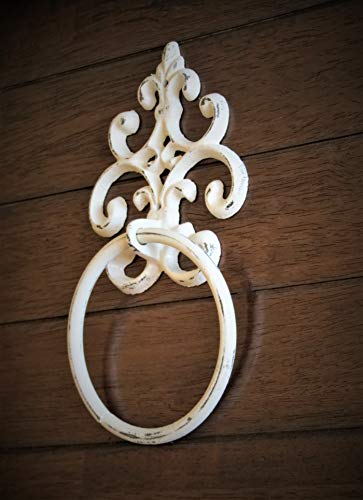 Shabby Chic Towel Ring, Antique White or Pick Color Towel Hanger, Heavy Cast Iron Bathroom Towel Hook, Fleur de Lis Design