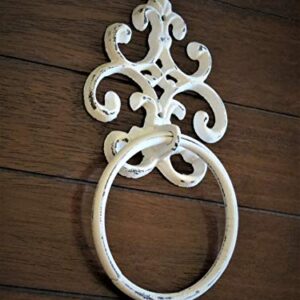 Shabby Chic Towel Ring, Antique White or Pick Color Towel Hanger, Heavy Cast Iron Bathroom Towel Hook, Fleur de Lis Design