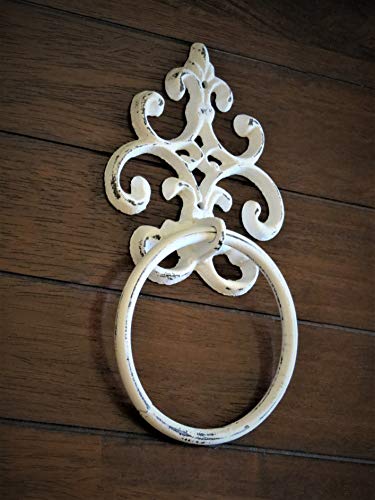 Shabby Chic Towel Ring, Antique White or Pick Color Towel Hanger, Heavy Cast Iron Bathroom Towel Hook, Fleur de Lis Design