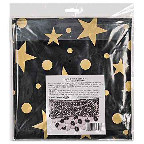 Beistle Black and Gold Plastic 1 Pc, Black & Gold Stars Balloon Bag