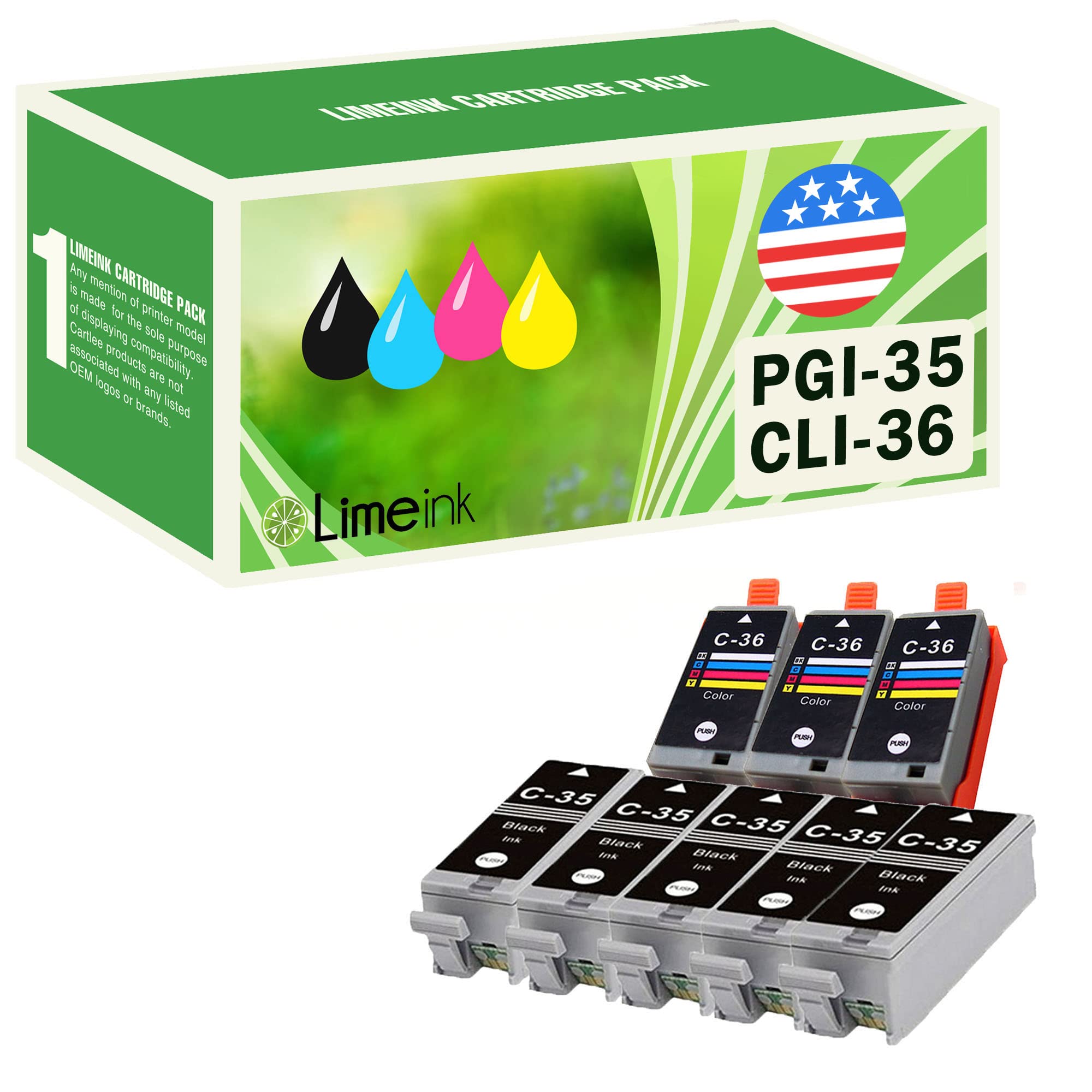 Limeink 8 Pack Compatible PGI-35 & CLI-36 Ink Cartridges (5 Black, 3 Color) Color Set Use for PIXMA iP100 PIXMA iP110 Series Printers 1509b002 1511B002