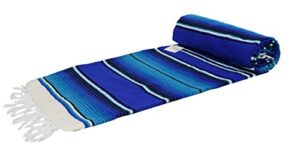 authentic mexican serape blanket - multi-color lightweight handmade mexican saltillo blanket / classic mexican style falsa, stripe pattern, throw, beach blanket, tapestry, or yoga blanket. blue