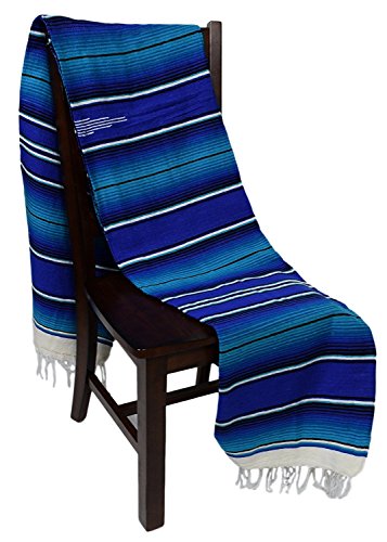 Authentic Mexican Serape Blanket - Multi-color Lightweight Handmade Mexican Saltillo Blanket / Classic Mexican Style Falsa, Stripe Pattern, Throw, Beach Blanket, Tapestry, or Yoga Blanket. Blue