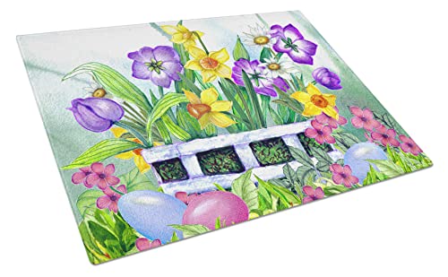 Caroline's Treasures PJC1099LCB Finding Easter Eggs Glass Cutting Board Large Decorative Tempered Glass Kitchen Cutting and Serving Board Large Size Chopping Board