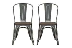 dhp fusion metal dining chair with wood seat, distressed metal finish for industrial appeal, set of two, antique gun metal
