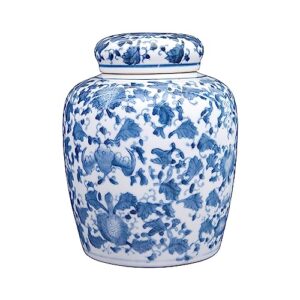 creative co-op decorative ceramic ginger jar with lid, blue and white, large
