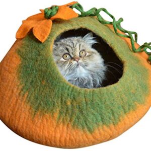 Cat Cave Bed, Orange Green Handmade Felted Merino Wool, Large Covered and Cozy, Also Perfect for Kittens, Includes Bonus Catnip, Original Cat Caves, (Radiant Realm)