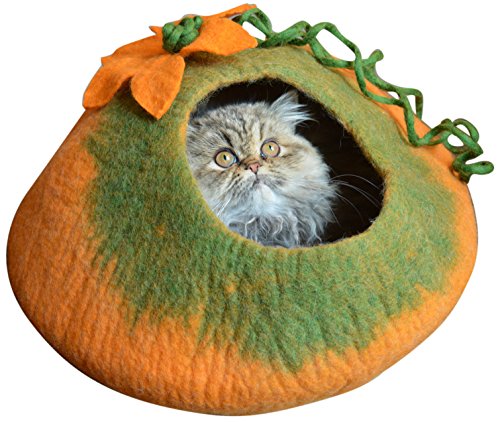 Cat Cave Bed, Orange Green Handmade Felted Merino Wool, Large Covered and Cozy, Also Perfect for Kittens, Includes Bonus Catnip, Original Cat Caves, (Radiant Realm)