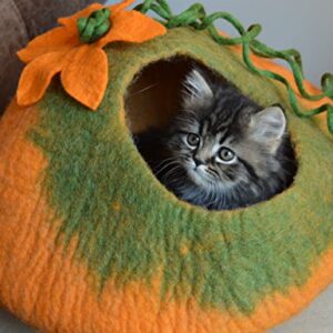 Cat Cave Bed, Orange Green Handmade Felted Merino Wool, Large Covered and Cozy, Also Perfect for Kittens, Includes Bonus Catnip, Original Cat Caves, (Radiant Realm)