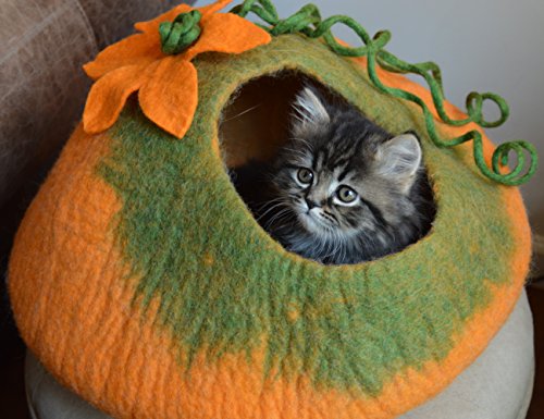 Cat Cave Bed, Orange Green Handmade Felted Merino Wool, Large Covered and Cozy, Also Perfect for Kittens, Includes Bonus Catnip, Original Cat Caves, (Radiant Realm)