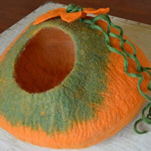 Cat Cave Bed, Orange Green Handmade Felted Merino Wool, Large Covered and Cozy, Also Perfect for Kittens, Includes Bonus Catnip, Original Cat Caves, (Radiant Realm)