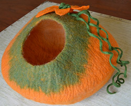 Cat Cave Bed, Orange Green Handmade Felted Merino Wool, Large Covered and Cozy, Also Perfect for Kittens, Includes Bonus Catnip, Original Cat Caves, (Radiant Realm)