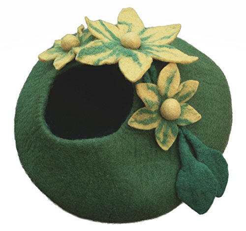 Earthtone Solutions Cat Cave Bed, Unique Green Handmade Felted Wool, Large Covered and Cozy, Also Perfect for Kittens, Original Cat Caves, (Emerald Haven)