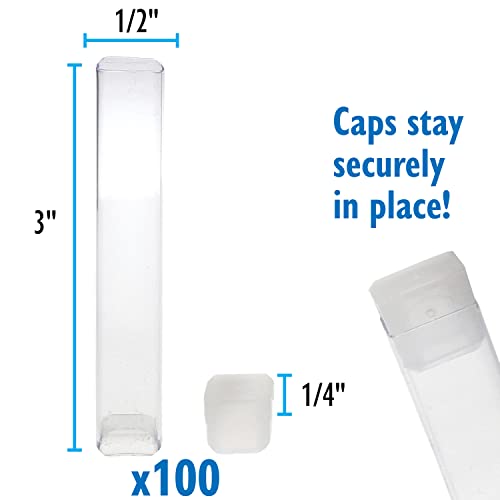 The Beadsmith Clear Plastic Tubes - 3 x .5 Inch Square Tubes - Flat Caps - Use for Beads, Bath Salts, Wedding & Party Favors, Home or Office Storage - Bag of 100